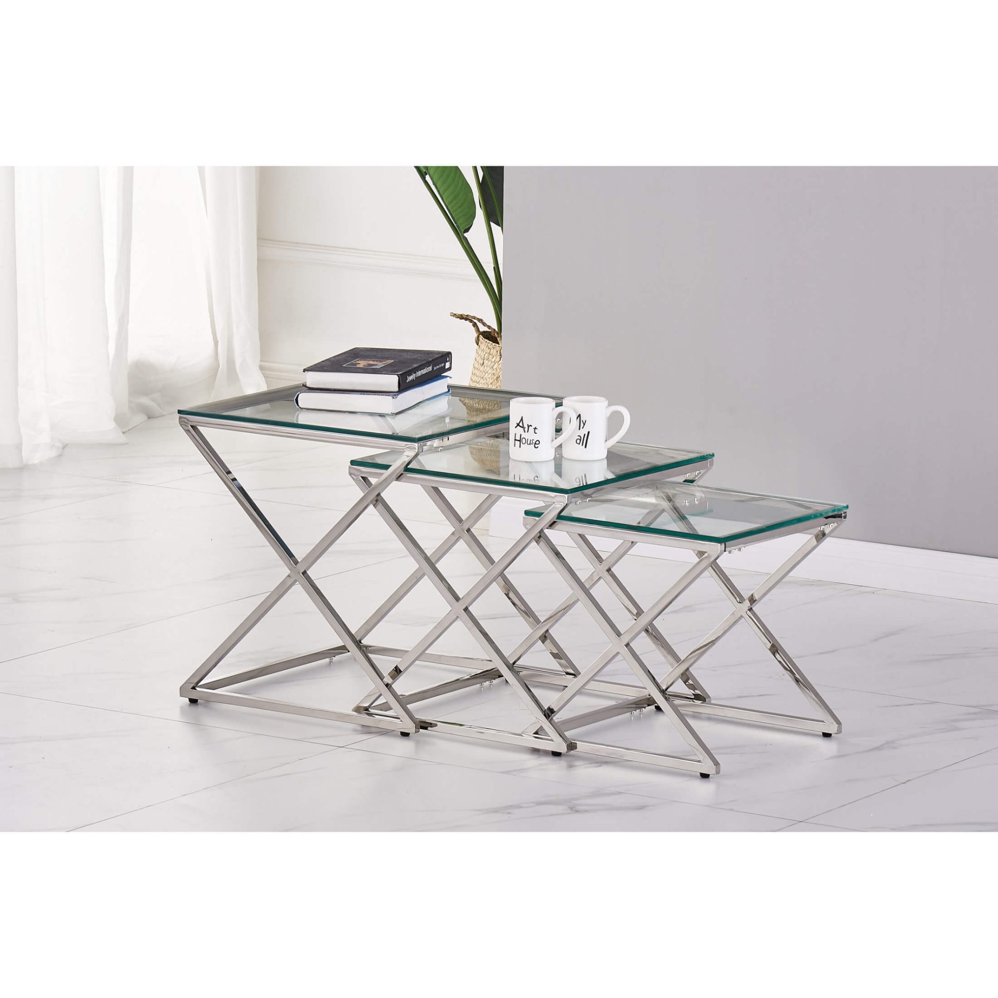 Osaka Nest of Tables Clear Glass & Silver Frame - Image 3