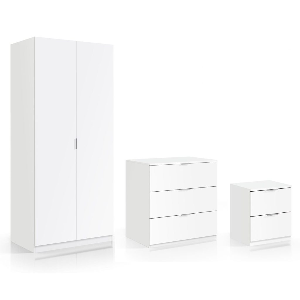 Vigo Trio White Wardrobe & Chest of drawers Bedside Cabinet